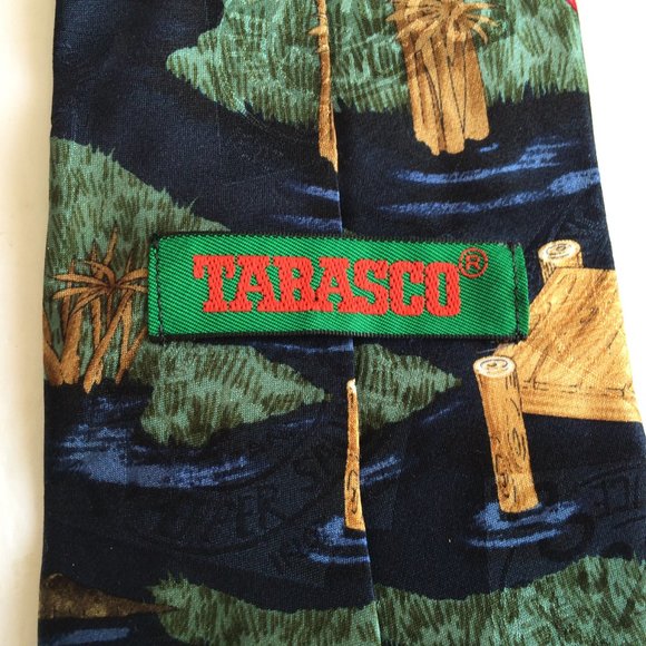 Tabasco Pepper Sauce Mens Silk Tie Navy Blue Crocodiles Bottles Print USA Made - Picture 5 of 7